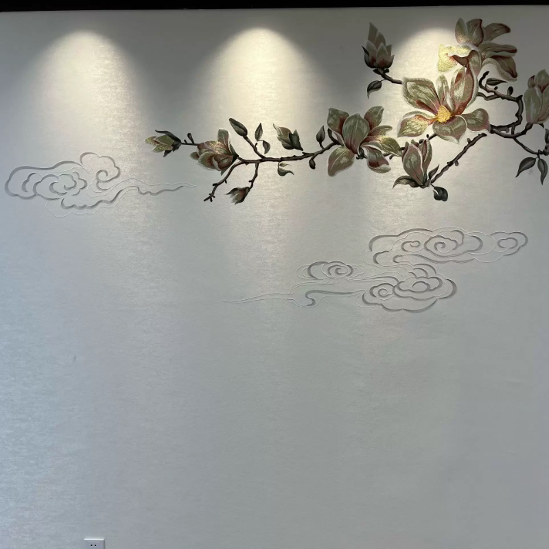 独绣刺绣无缝壁布花鸟玉兰花香客厅电视沙发背景墙布新中式独秀