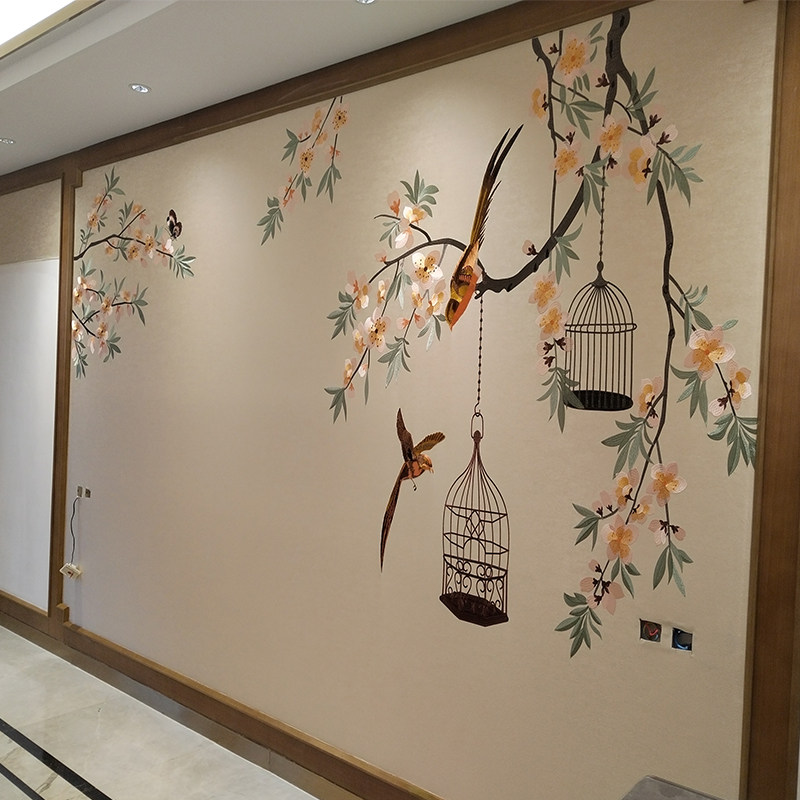 独秀壁布电视墙花鸟刺绣新中式独绣背景墙布新古典沙发客厅人气款