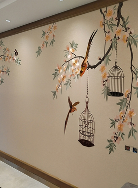 独秀壁布电视墙花鸟刺绣新中式独绣背景墙布新古典沙发客厅人气款