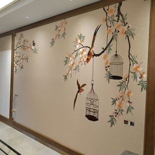独秀壁布电视墙花鸟刺绣新中式 独绣背景墙布新古典沙发客厅人气款