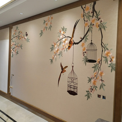 言绣独秀壁布电视墙花鸟刺绣新中式独绣背景墙布沙发客厅美式壁画