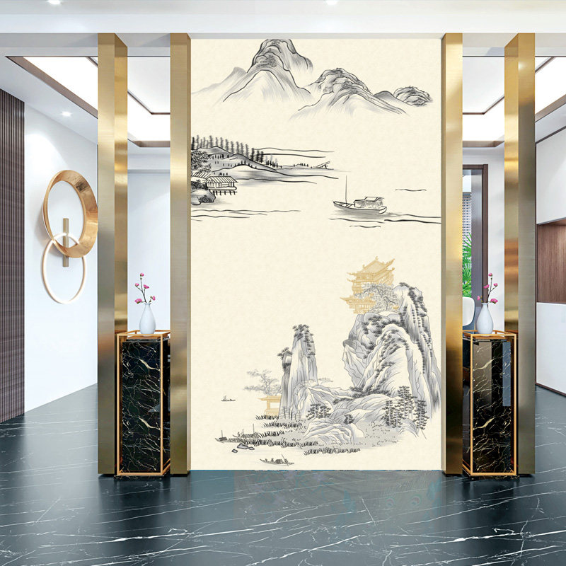 独绣刺绣无缝壁布山水画客厅沙发电视背景墙布新中式水墨刺绣画