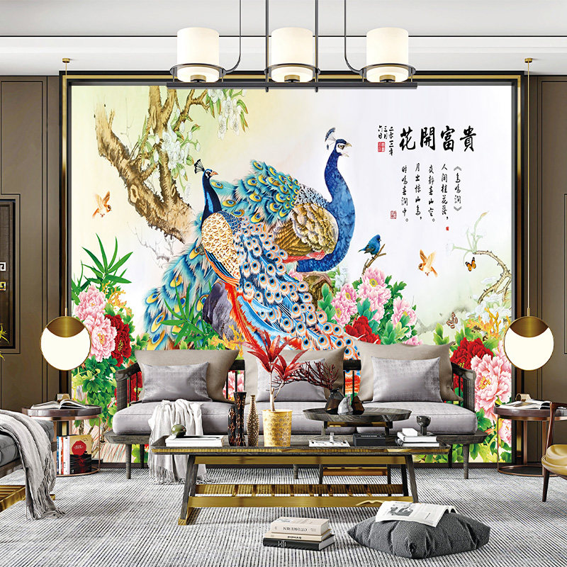 独绣刺绣无缝壁布印加绣孔雀花开富贵客厅电视沙发背景墙布新中式