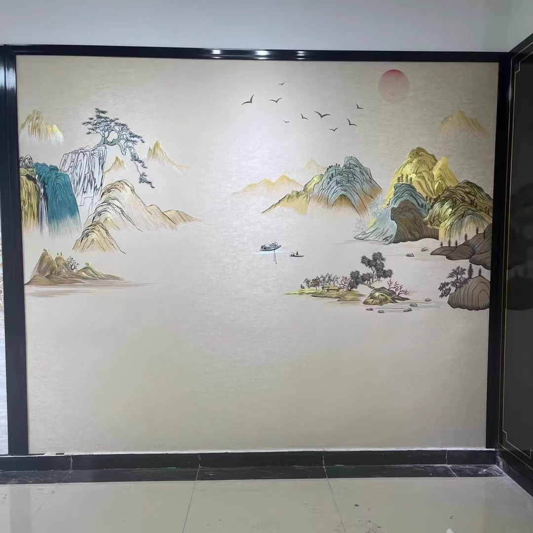 言绣刺绣山水新中式客厅电视沙发七彩福山背景墙布壁画金山彩金线