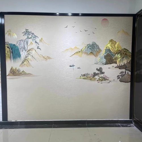 言绣刺绣山水新中式客厅电视沙发七彩福山背景墙布壁画金山彩金线