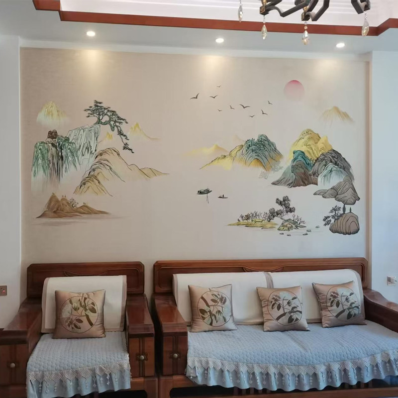 言绣刺绣山水新中式客厅电视沙发七彩福山背景墙布壁画金山彩金线