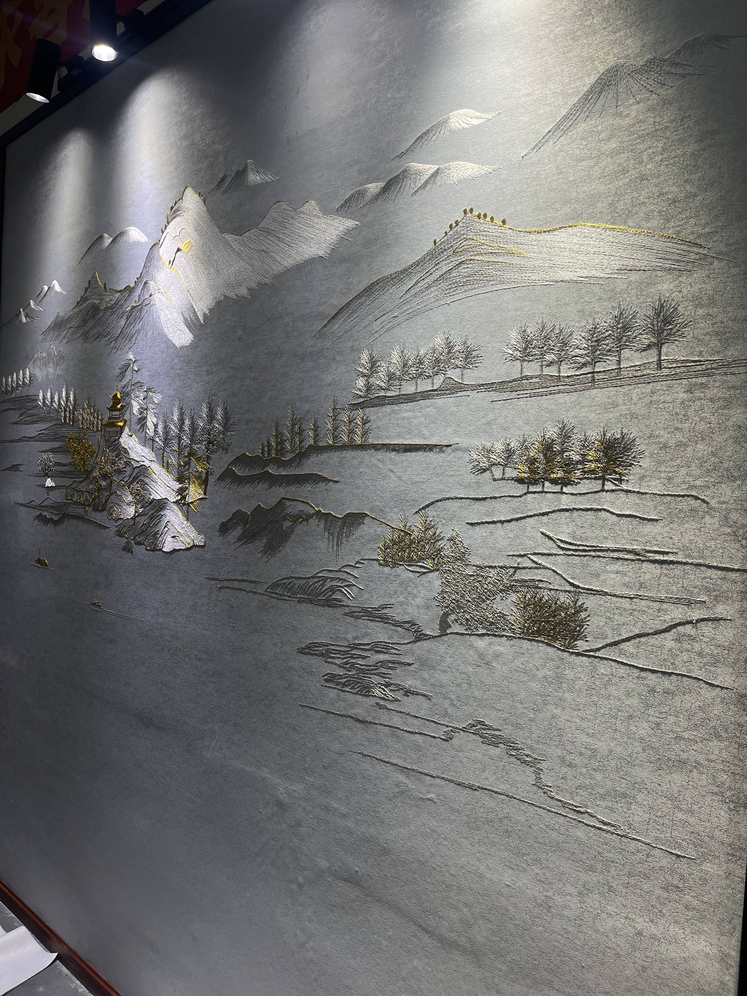 独绣刺绣无缝壁布山水彩金线客厅电视沙发背景墙布新中式独秀言绣