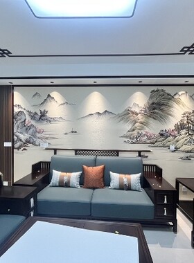 山水独绣墙布电视背景无缝刺绣