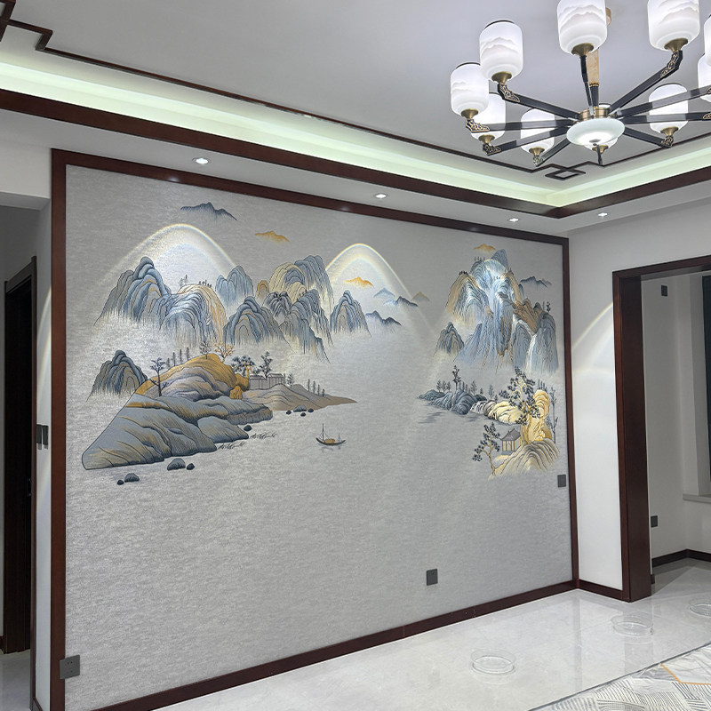 彩金线独绣新中式山水客厅沙发电视背景墙布悠然山居刺绣无缝墙布,家装主材,无缝墙布/无缝壁布,淘宝优惠券,粉丝福利购,淘宝优惠卷
