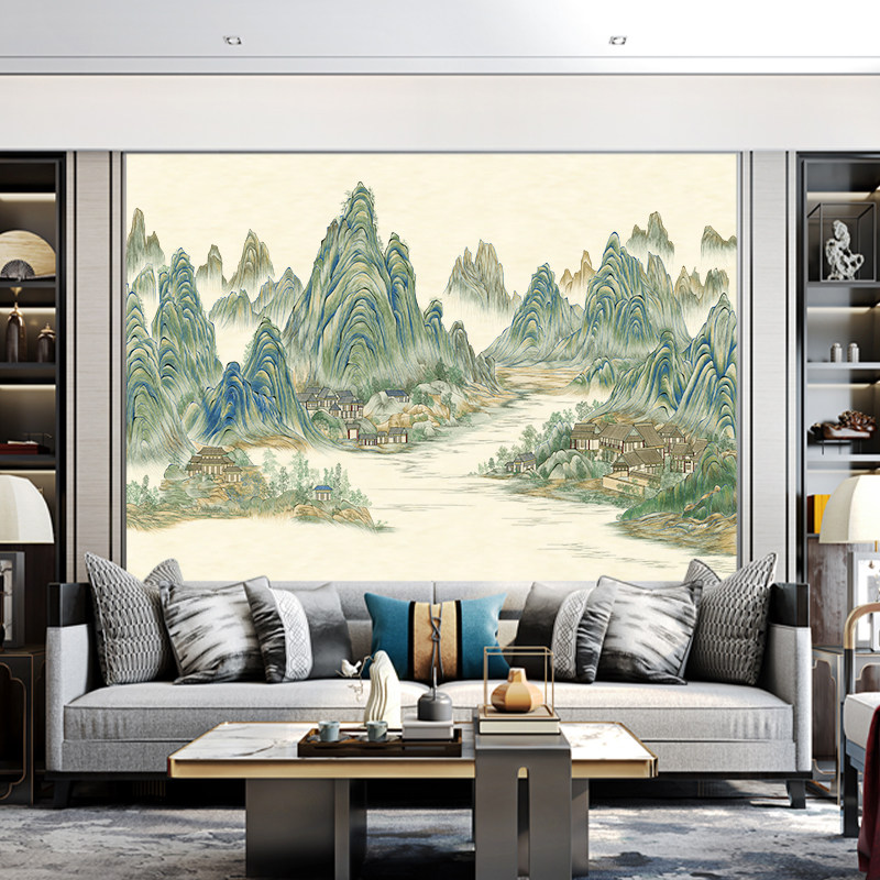 独绣刺绣无缝壁布山水千里江山客厅电视沙发背景墙秀布新中式独秀