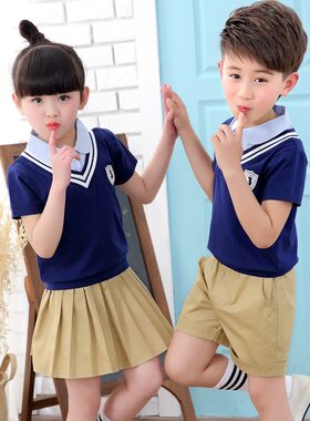全棉夏季小学生英伦学院风校服新加坡幼儿园服衬衫假两件班服套装