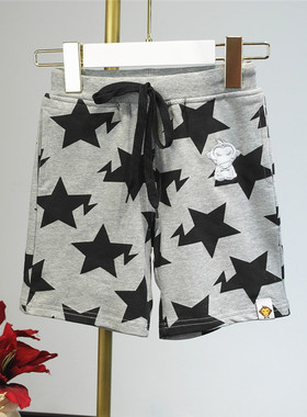 夏儿童灰色星星满印五分裤 男女童潮牌猴子刺绣纯棉宽松短裤 中裤