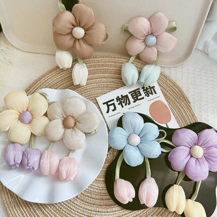 布艺充棉小花吊坠郁金香DIY服饰配件可爱立体花朵五瓣花胸针配件