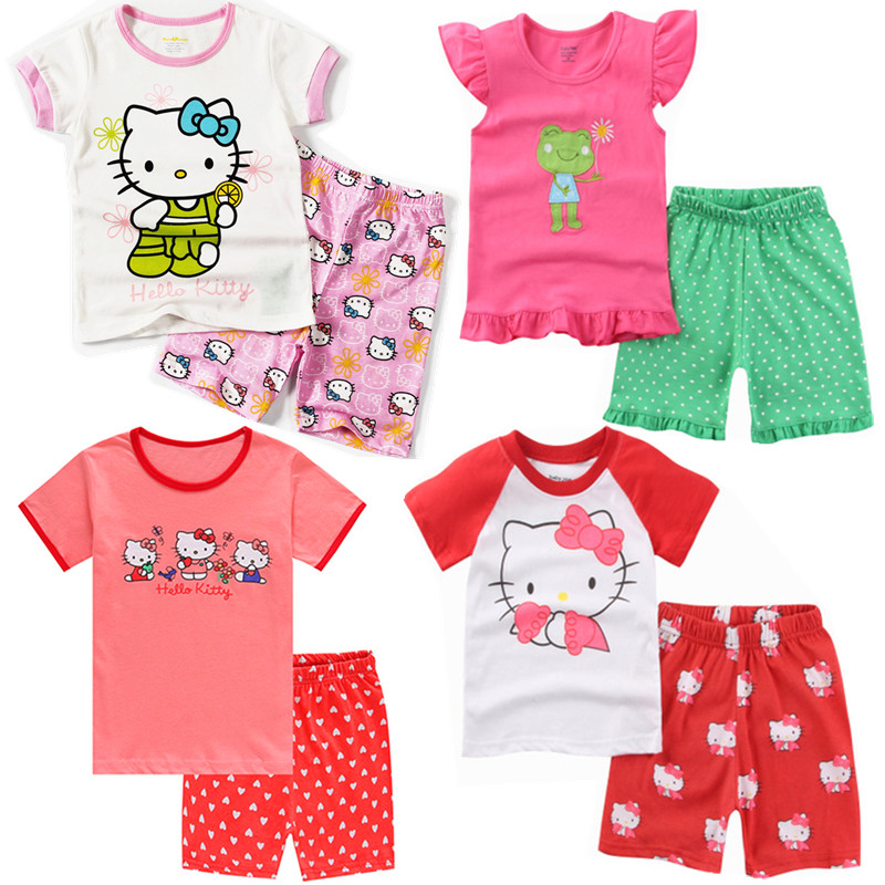 夏季hello kitty 凯蒂猫女孩纯棉短袖睡衣儿童卡通透气家居服套装