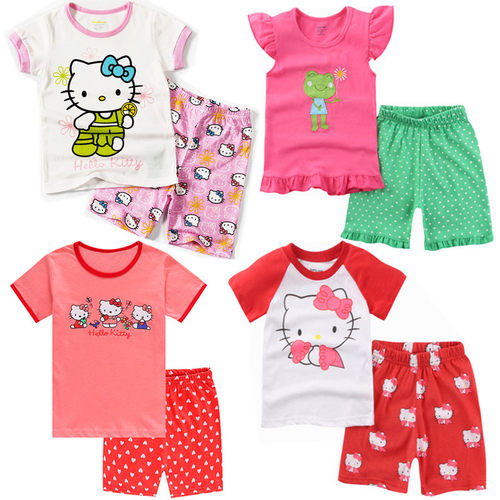 夏季hello kitty 凯蒂猫女孩纯棉短袖睡衣儿童卡通透气家居服套装