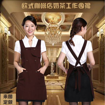 韩版时尚餐厅厨房奶茶围裙 30068 欧式双肩带排扣 工作服定制logo