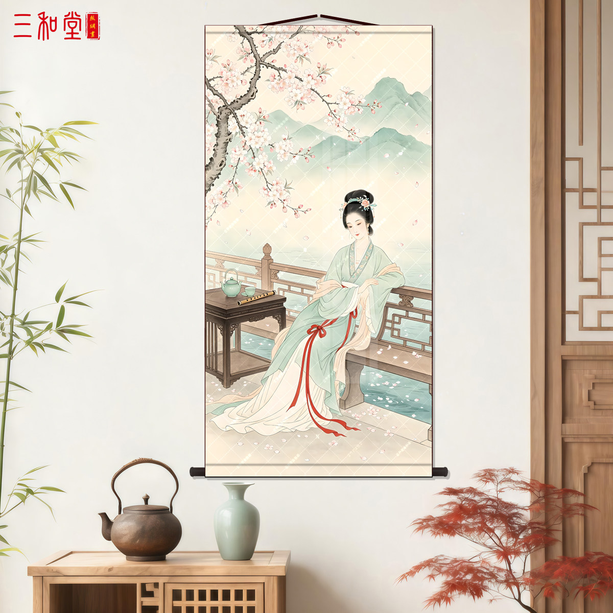工笔古风仕女图美人客厅沙发墙装饰画新中式玄关挂画茶室艺术壁画