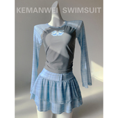 保守遮肉显瘦裙裤 女士分体泳衣甜妹运动长袖 温泉套装 海蓝格纹