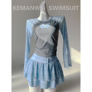 保守遮肉显瘦裙裤 女士分体泳衣甜妹运动长袖 温泉套装 海蓝格纹