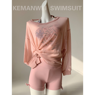 【花影扶疏】显白紫粉色度假分体泳衣女三件套遮肉显瘦泡温泉新款