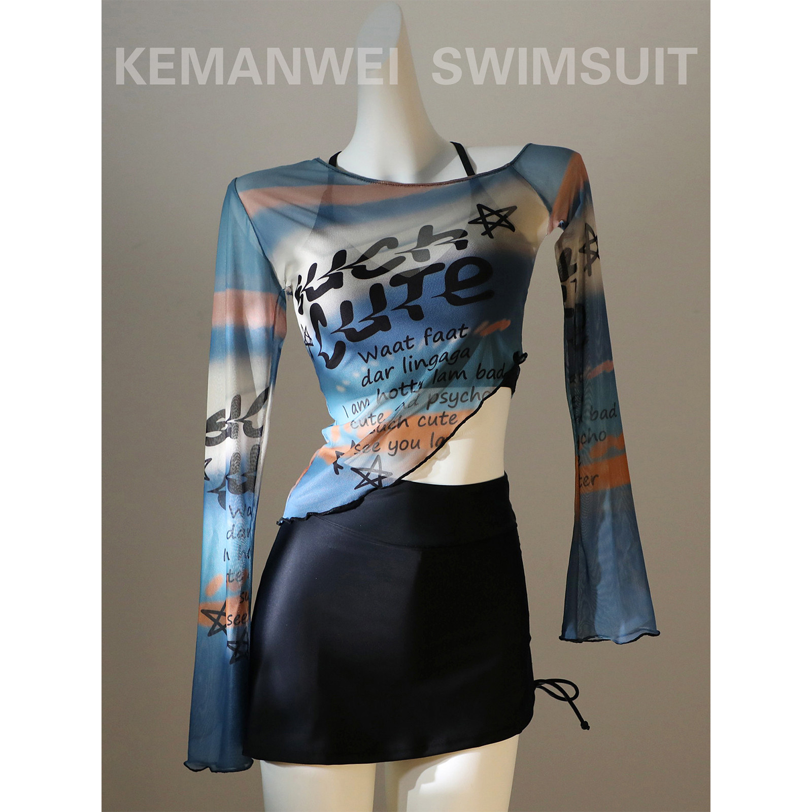 【云端落霞】分体泳衣三件套女小胸聚拢性感纯欲遮肚裙裤单边罩衫