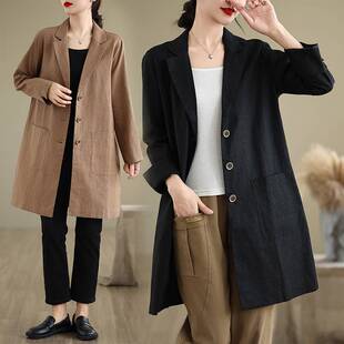 实拍2026秋新款中长款西装纯色宽松长袖棉麻西服外套气质上衣女装