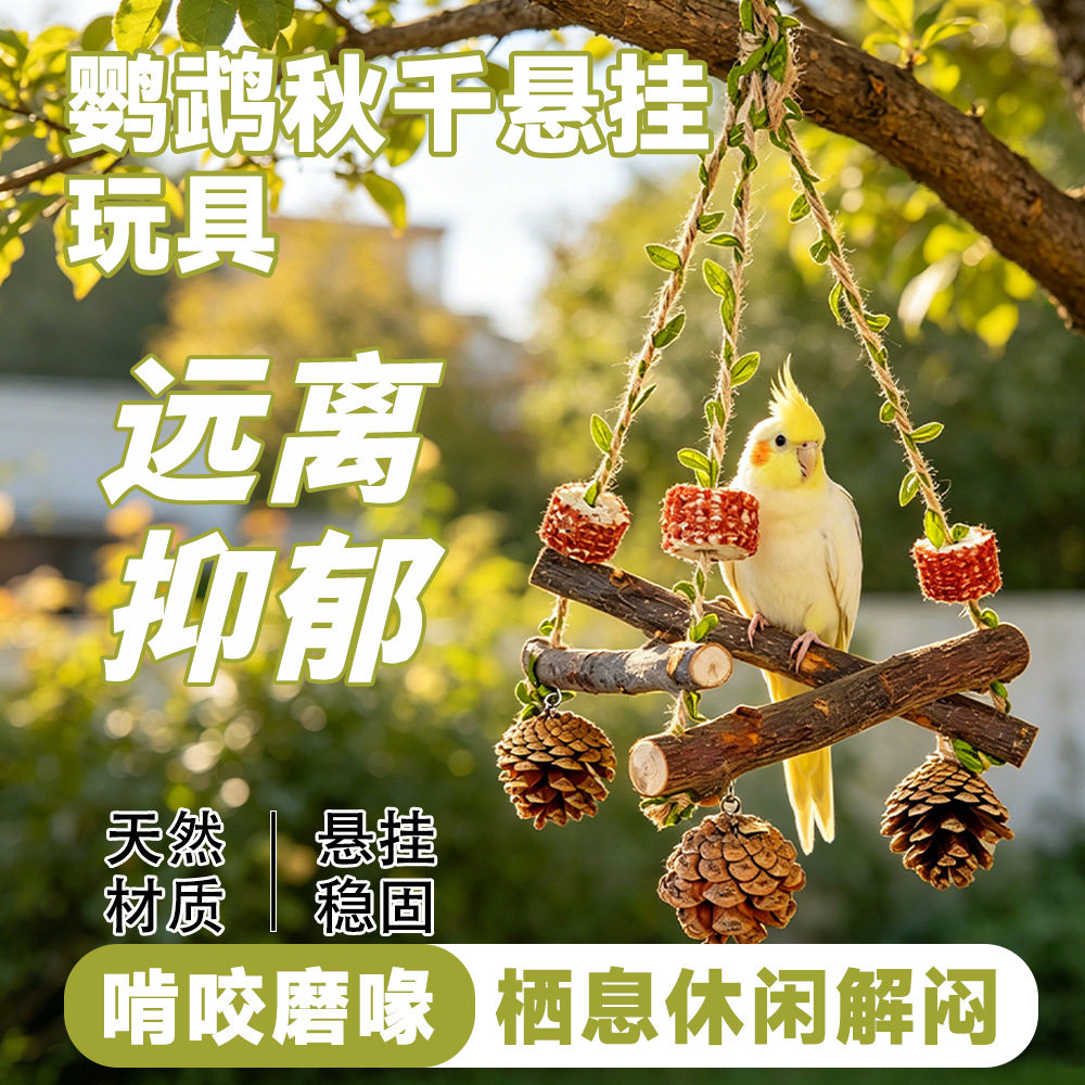 鹦鹉秋千悬挂玩具牡丹玄凤吊环虎皮吊环松果实木鸟笼啃咬代发跨境
