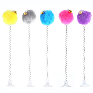厂家新款吸盘逗猫玩具硬弹簧铃铛毛球逗猫棒摇摆毛球自嗨猫玩具