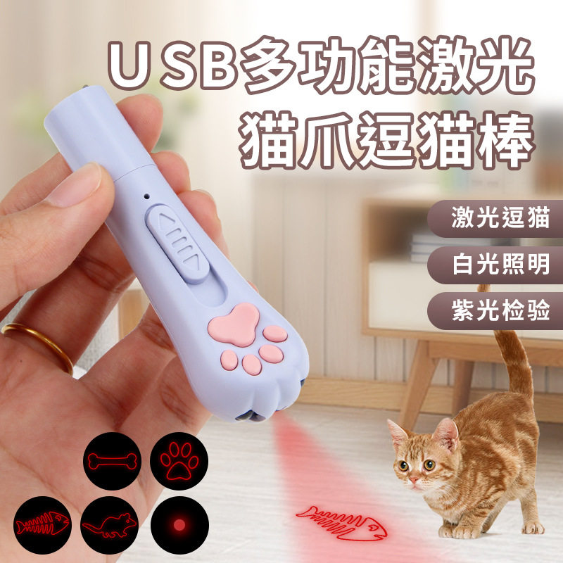 小猫跨境迷你萌宠手持钥匙圈可充电多功能图案猫爪激光笔逗猫图片