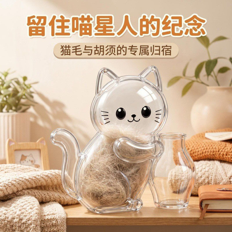 跨境新品宠物毛发纪念盒可爱小猫毛发胡须透明收纳盒猫咪冰箱贴