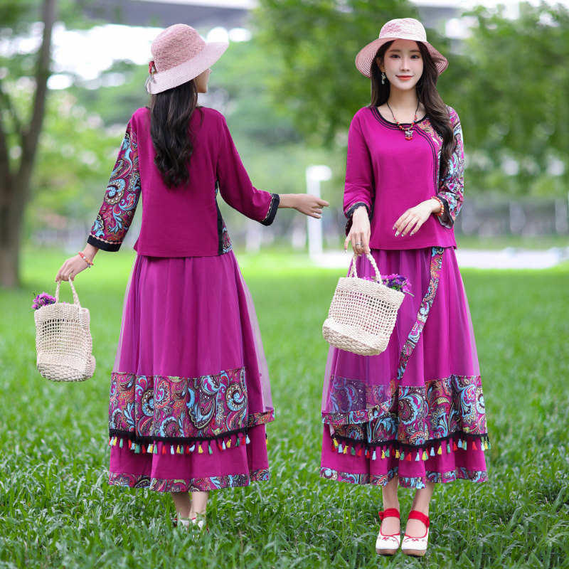 春夏秋装棉麻套装服装民族风女装复古装棉麻上衣半身裙两件唐装裙