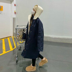 藏青色羽绒服女冬季2024新款加厚炸街撞色中长款派克50白鸭绒外套图片