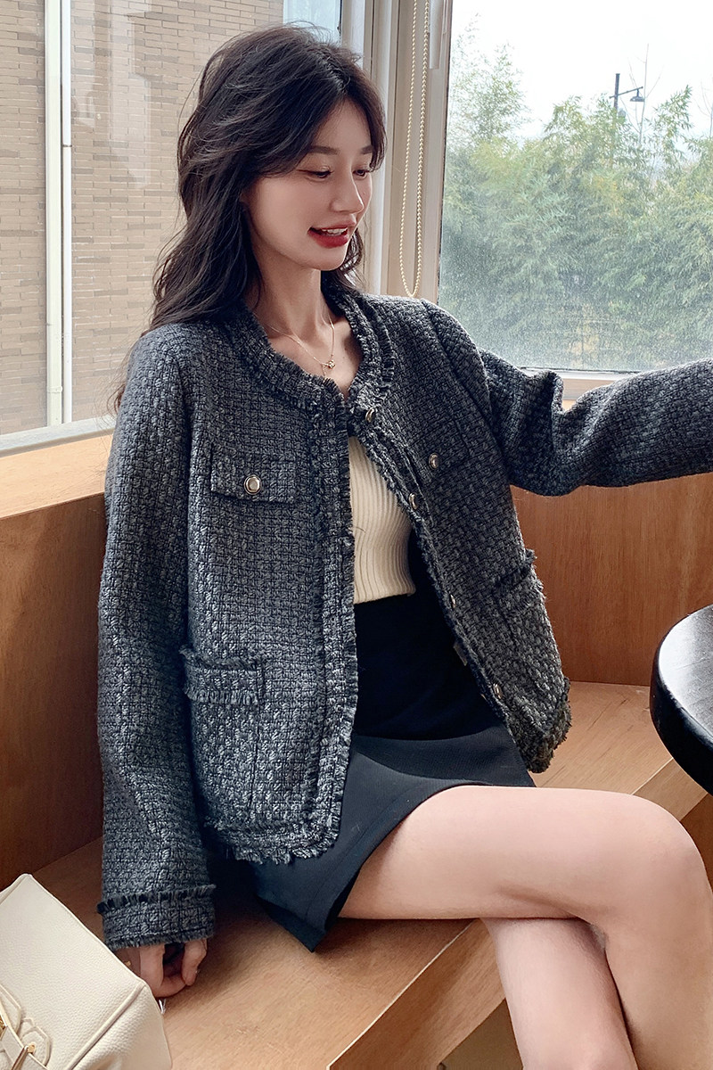 灰色小香风外套女2025春秋新款韩系高级感气质显瘦小个子短款上衣,女装短外套,浙宝186