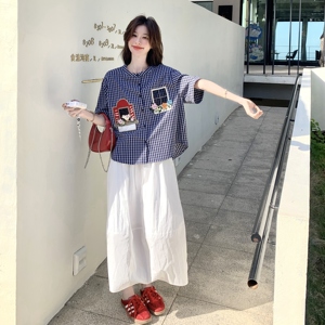休闲复古刺绣格子衬衫半身裙套装女夏2025新款小个子两件套高级感