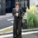 已出货春新款深灰色松紧腰两件套外裤长裤套装8120p180k278，女装套装/套裙，2B186