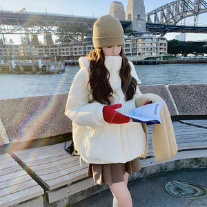 黄色拼接羊羔毛短款羽绒服女冬季2025新款小个子设计感白鸭绒外套图片