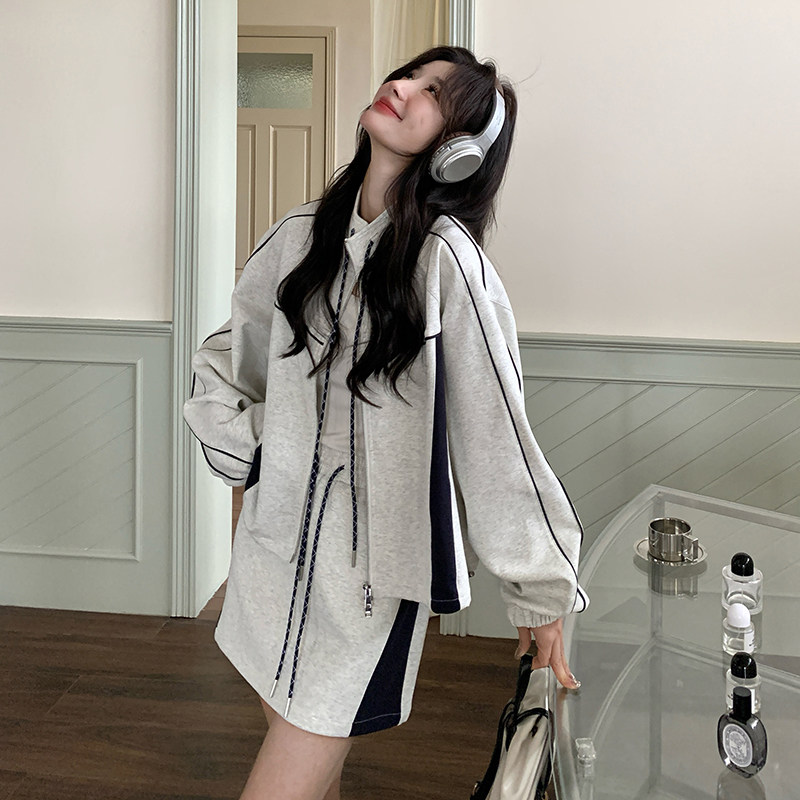 现货学院风减龄卫衣套装裙女2025春新款韩系休闲小个子短裙两件套,女装套装/套裙,浙宝186