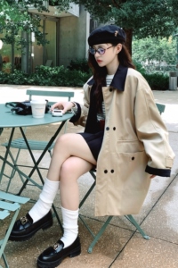 2025秋季简约松弛卡其色风衣外套女韩系复古撞色宽松显瘦气质大衣图片