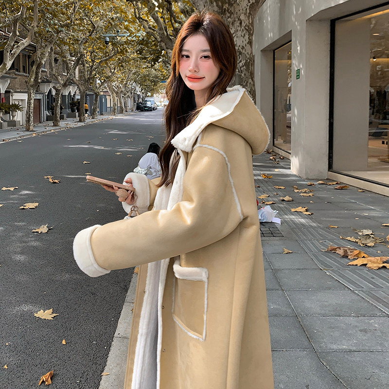 连帽长款宽松皮毛一体大衣8036p195k298,女装毛呢外套,2B186