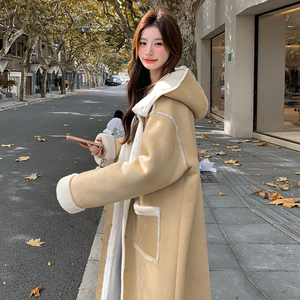 连帽长款宽松皮毛一体大衣 8036p195k298图片