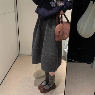 高品质】深灰色毛呢半身裙女◆2025秋冬季新款高腰显瘦花苞长裙