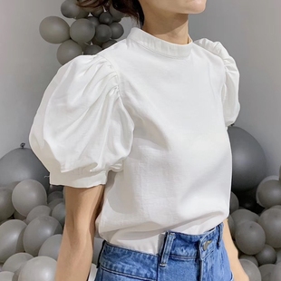 宫廷风设计感小众短袖 2025夏季 泡泡袖 新韩版 上衣纯色圆领T恤女 款