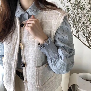 韩国套装 东大门复古纽扣小香风金丝马甲背心外套 重工蕾丝衬衫女