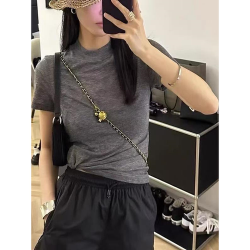 闰熙runxi莱赛尔灰色百搭短袖T恤女夏季新显瘦微透羊毛打底衫6170