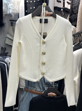 DH2025冬季新款V领单排扣纯色拼接短款外套韩版时尚百搭针织上衣