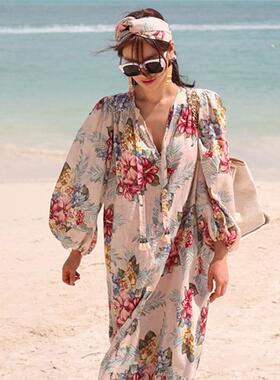 韩国进口正品2025春夏女装甜美宽松碎花度假灯笼袖长款气质连衣裙