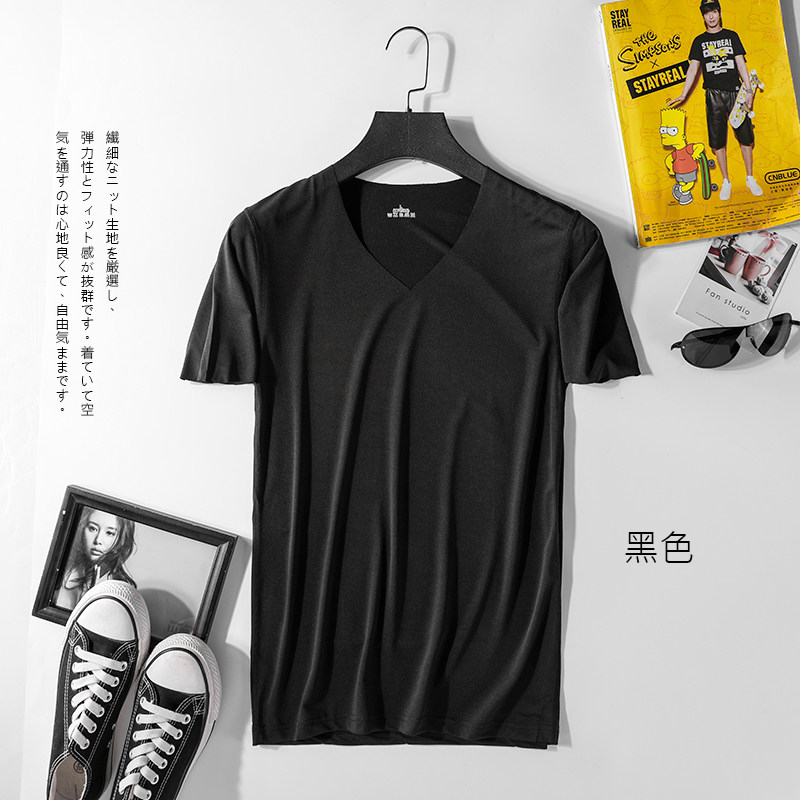 男士无痕t恤短袖夏季V领打底衫修身型青年冰丝紧身宽肩半袖上衣,男装T恤,星座1712-1