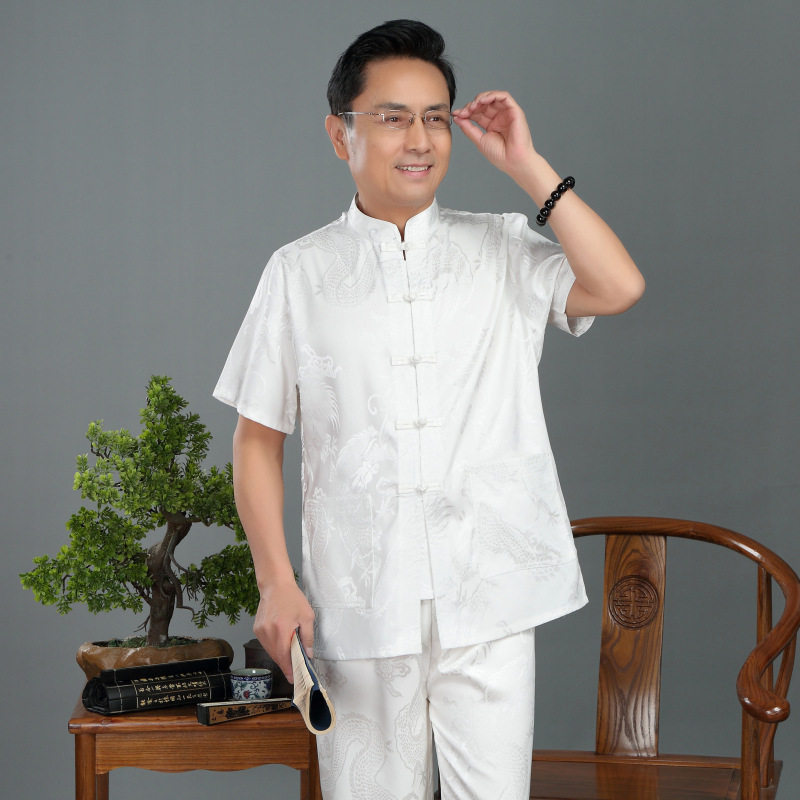 夏季唐装男中老年中国风男式汉服晨练服真丝套装民族服装YD8805图片