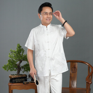 夏季唐装男中老年中国风男式汉服晨练服真丝套装民族服装YD8805图片