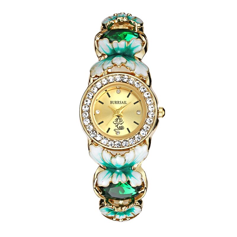 burrsail景泰蓝工艺民族风情仿祖母绿手镯女表